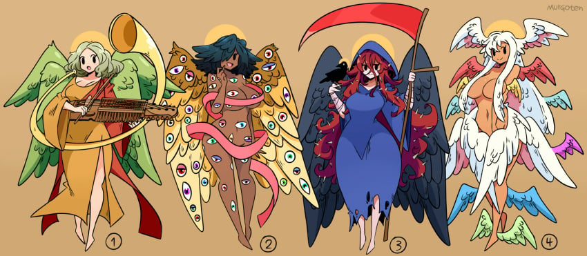 4girls angel angel_wings bible biblically_accurate_angel big_breasts breasts cleavage clothed_female_nude_female convenient_censoring dark-skinned_female eyes female female_only hi_res instrument light-skinned_female long_hair murgoten scythe smile tanned_skin underboob