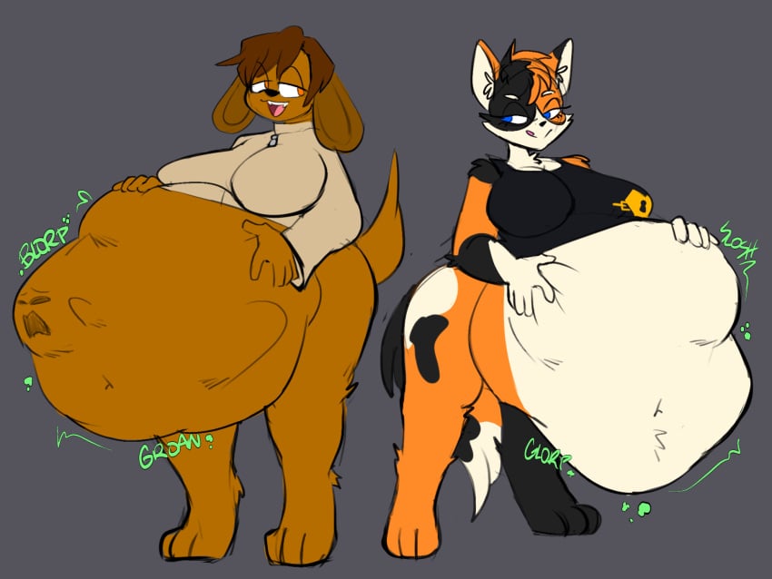 2023 2girls anthro anthro_only belly belly_bulge big_belly big_belly_bulge blue_eyes bottomless calico_cat cat_girl cat_tail catgirl digital_art dog_girl dog_tail doggirl f/f face_imprint fangs female female_only female_pred female_prey friends furry furry_only hands_on_belly honeycoves looking_at_partner multiple_preds multiple_prey orange_eyes original original_character original_characters short_hair squirming squirming_gut struggling struggling_prey thick_thighs thighs vore vore_belly