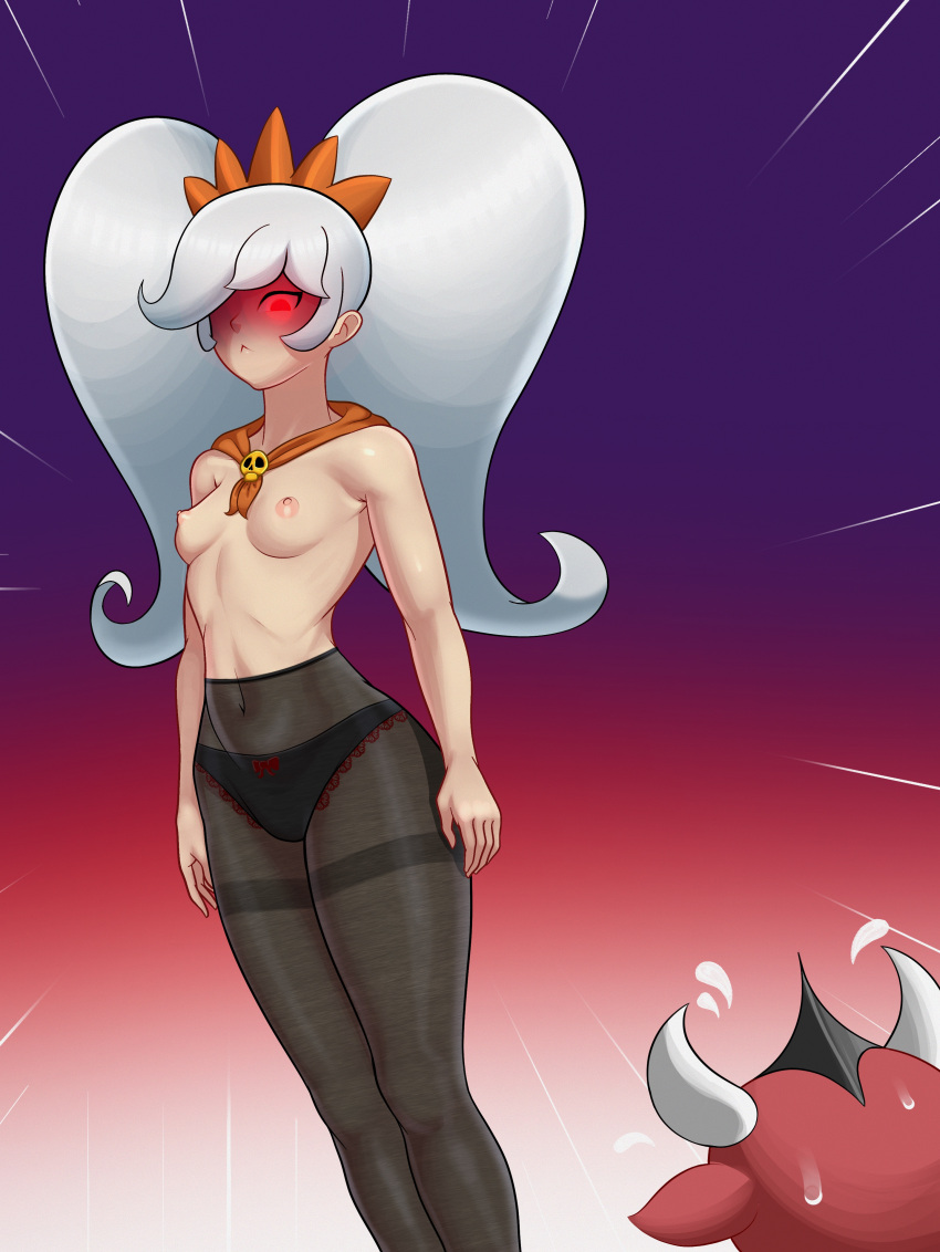 1boy 1girls :< aged_up arms_at_sides ashley_(warioware) big_hair black_panties bow_panties breasts closed_mouth demon_horns emphasis_lines feet_out_of_frame female flying_sweatdrops glowing_eye gradient_background hairband horns long_hair looking_at_another mario_(series) navel neckerchief nintendo nipples no_bra orange_hairband panties_under_pantyhose pantyhose red_(warioware) red_eyes see-through see-through_clothing sidelocks size_difference sleepiitreat small_breasts standing stomach sweat topless topless_female twintails warioware white_hair