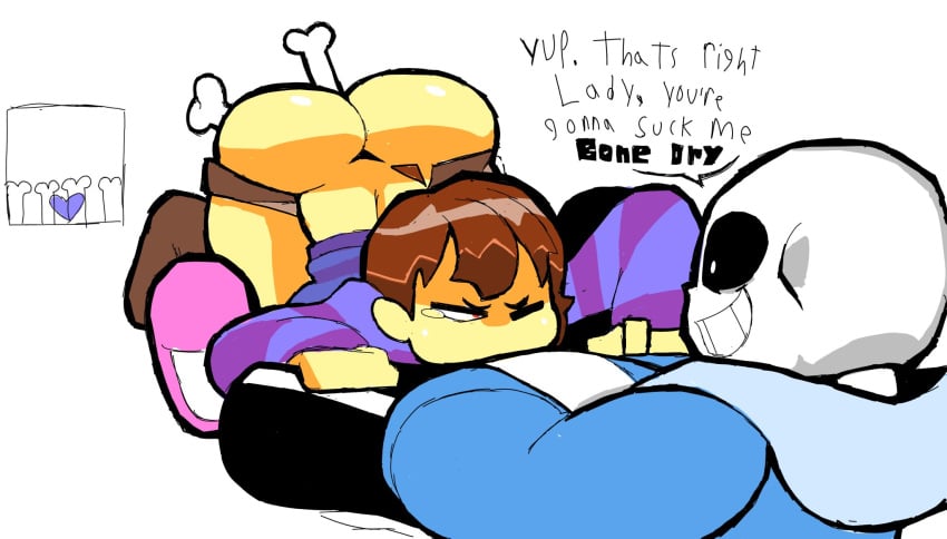 1boy 1boy1girl 1girls aged_up big_ass big_butt bones butt_crack deepthroat double_penetration eks-out english_text fellatio female female_frisk forced forced_oral frisk huge_ass implied_penetration joke large_breasts male male/female penetration sans skeleton text thick_thighs undertale undertale_(series) white_background