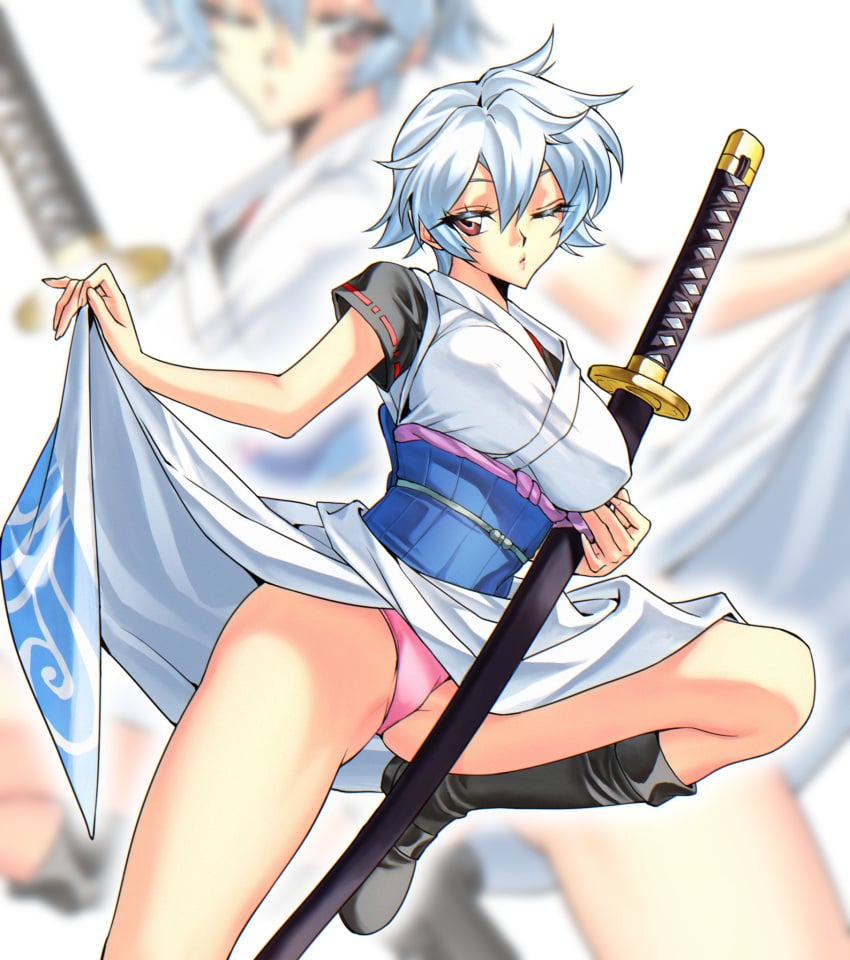 15_acheng big_breasts boots canon_genderswap female female_only genderswap_(mtf) ginko_sakata gintama gintoki_sakata japanese_clothes katana kimono kimono_lift nipple_bulge obi official_alternate_costume panties pink_panties red_eyes rule_63 short_hair solo sword teasing very_short_hair weapon white_hair wink