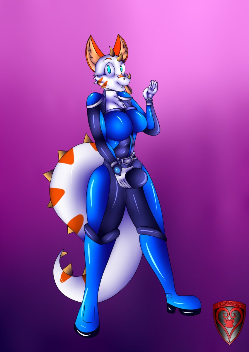 anthro blep blue_boots blue_clothing blue_eyes blue_footwear blue_suit boots breasts bulge clothing cosplay costume digital_drawing_(artwork) digital_media_(artwork) domestic_cat felid feline felis footwear fur gynomorph hand_on_bulge hi_res horn horned_tail hybrid inner_ear_fluff intersex krystal ladyfoxheart lizard logo male mammal nintendo null_bulge orange_body orange_ears orange_fur orange_tail purple_background raised_arm reptile rubber scalie simple_background small_hands smile smiling_at_viewer solo star_fox suit tail tongue tongue_out tuft white_body white_breasts white_fur white_tail