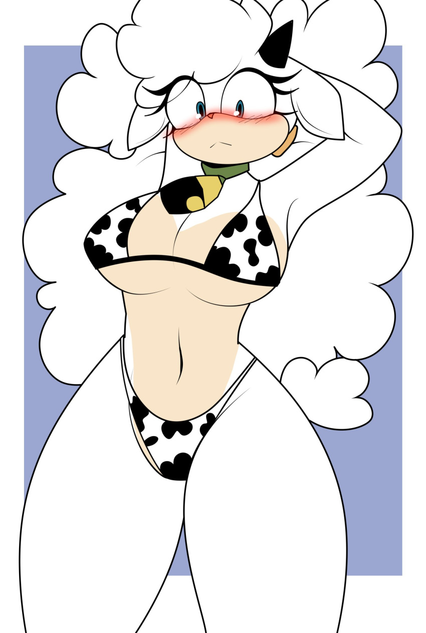 1girls anthro arms_behind_head arms_up bell bell_collar big_breasts blue_eyes blush bra caprine collar cow_bra cow_panties cow_print curvy curvy_body curvy_female curvy_figure ears_down embarrassed female female_only fluffy fluffy_hair fluffy_tail green_collar hairband horn hourglass_figure idw_comics idw_publishing lanolin_the_sheep looking_at_viewer midriff mobian_(species) panties png sega sheep sonic_(series) sonic_the_hedgehog_(comics) sonic_the_hedgehog_(idw) sonic_the_hedgehog_(series) tagme tail thick_hips thick_thighs thong thong_straps underboob underwear underwear_only voski_12 white_body white_fur white_hair