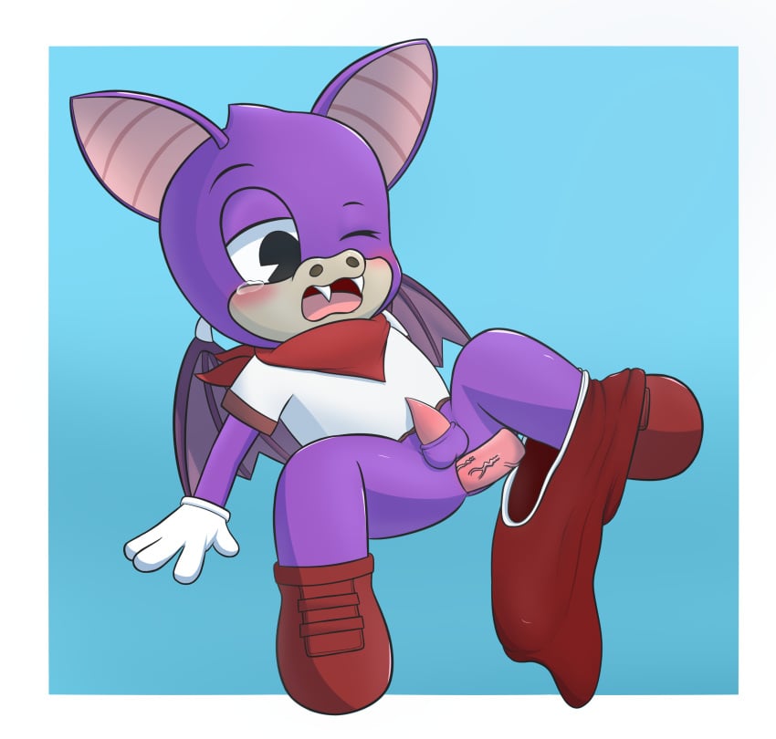 anthro bandana bat blush bodily_fluids bottomwear clothing cub disembodied_penis footwear fur genitals gloves handwear hi_res kerchief lying male mammal pants penis purple_body purple_fur red_bottomwear red_clothing red_pants shoes simple_background solo tears tears_of_pleasure thrusting toontown toontown_bat toontown_corporate_clash toontown_online toony wings yosa8800 young