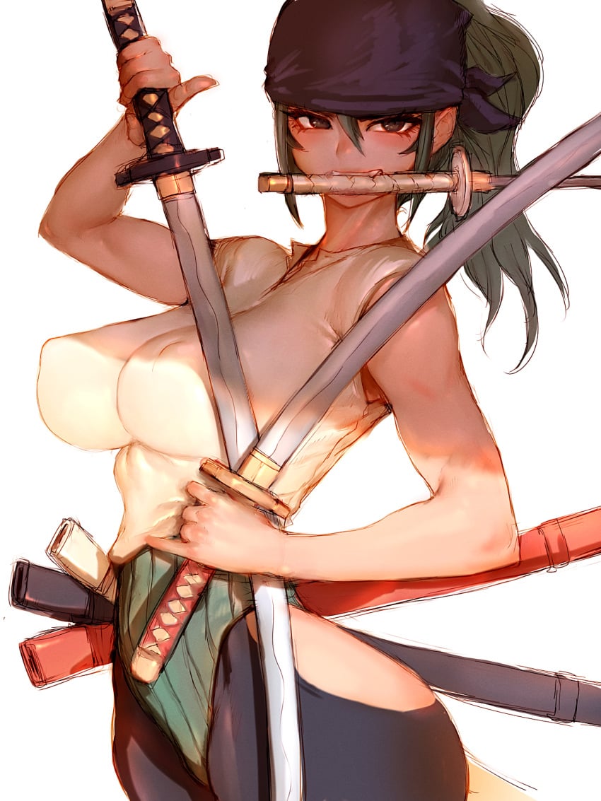 1girls bandana biceps breasts female female_only fumio_(rsqkr) genderswap_(mtf) green_hair katana large_breasts light-skinned_female light_skin long_hair one_piece roronoa_zoro rule_63 scabbard slim_waist sword thick_thighs