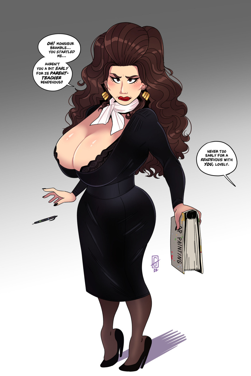 blouse brown_hair bursting_breasts camille_(grumpy-tg) french gender_transformation genderswap_(mtf) grumpy-tg high_heels large_breasts long_hair milf overflowing_breasts pencil_skirt scarf tagme teacher tights