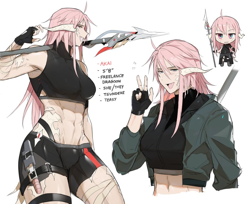 akai_(notglacier) au_ra bandage big_breasts big_thighs blue_eyes breasts dragoon final_fantasy final_fantasy_xiv futa_only futanari gradient_eyes horn horns jacket knife knife_sheath long_hair midriff muscular muscular_female notglacier oc original original_character pink_eyes pink_hair skin_tight skintight smile smiling solo solo_female spear thighs toned_female tsundere weapon xaela