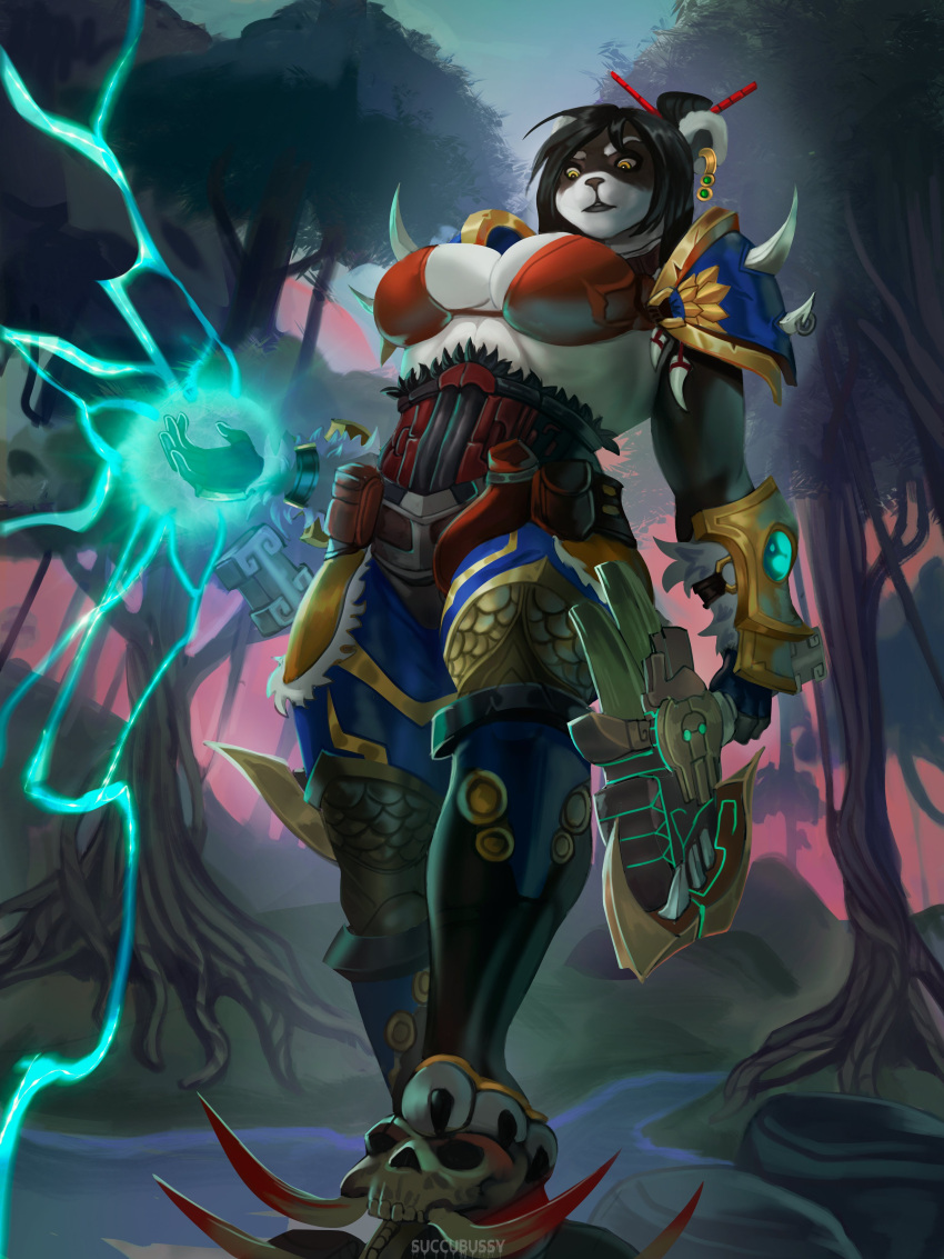 anthro big_breasts big_thighs black_hair breasts bremonqueen ear_piercing ear_ring earring earrings female glowing glowing_markings jewelry long_hair magic magic_user oc original original_character panda pandaren piercing piercings short_hair skull solo solo_female thighs toned toned_female warcraft weapon white_fur world_of_warcraft wow yukyu_stormstrike