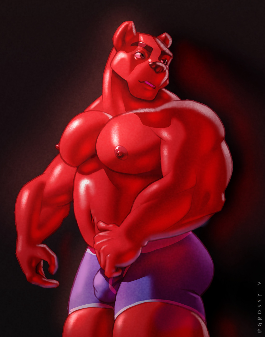 anthro bear bear_ears black_background chubby chubby_male erection erection_under_clothes grossy grossy_v gummy_bear male_only muscular muscular_male nipples red_body solo thick_thighs underwear