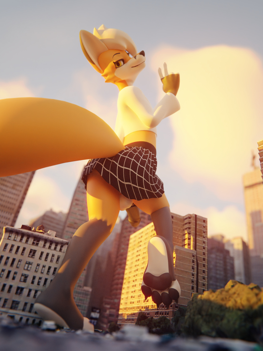 2022 3:4 3d_(artwork) 4_toes absurd_res anthro balls black_pawpads blender_(software) bottomwear building canid canine city claws clothed clothing cloud crossdressing crossdressing_male digital_media_(artwork) feet fox genitals girly hi_res logan_grey looking_back male_only mammal midriff no_underwear pattern_bottomwear pattern_clothing pattern_skirt pawpads penis perspective_shot plantigrade rileyfoxxo skirt sky skyscraper smile toe_claws toes topwear underpaw