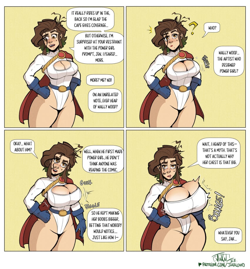 boob_window breaking_the_fourth_wall breast_expansion brown_hair cosplay huge_breasts jakal63 large_breasts medium_breasts power_girl_(cosplay) short_hair thick_thighs wide_hips