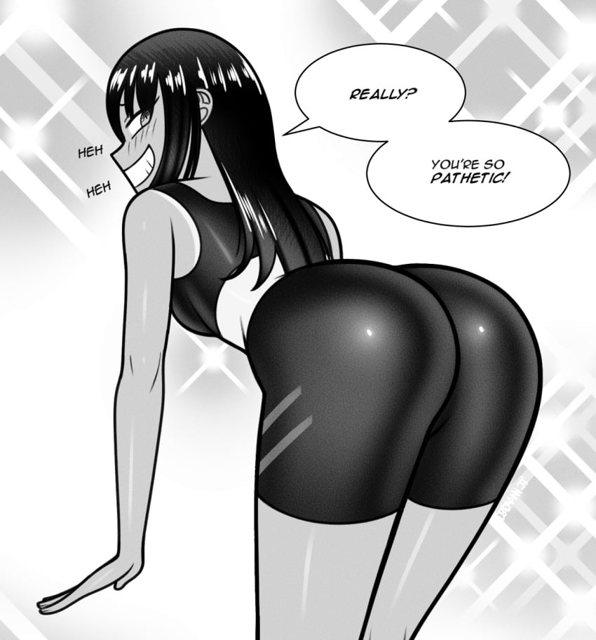 1girls ass ass_up big_ass black_hair blush clothed clothing deadmannart english_text gym_clothes hayase_nagatoro long_hair looking_at_viewer looking_back monochrome please_don't_bully_me,_nagatoro revealing_clothes simple_background solo solo_female tan tan_skin tanline tanned text viewed_from_behind white_background wide_hips