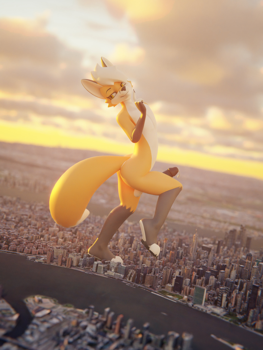 2022 3d_(artwork) absurd_res anthro balls blender_(software) building canid canine city cloud digital_media_(artwork) fox genitals girly hi_res landscape_dwarfing logan_grey looking_back macro male_only mammal midriff nude penis perspective_shot plantigrade rileyfoxxo sky skyscraper smile