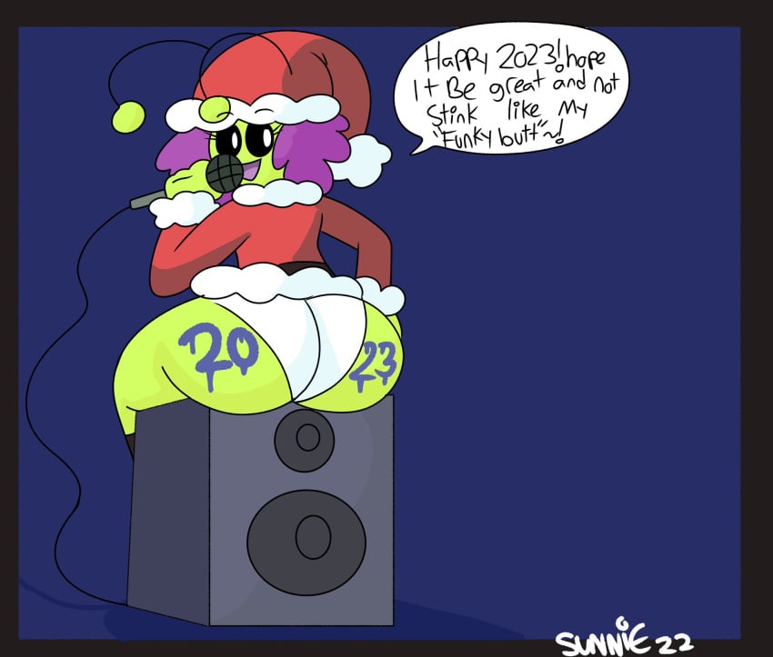 alien alien_girl ass brappycatty christmas christmas_clothing christmas_outfit microphone new_year new_year_2023 oc original_character painted_butt panties santa_costume santa_hat sitting sitting_on_speaker speaker sunniefunnie