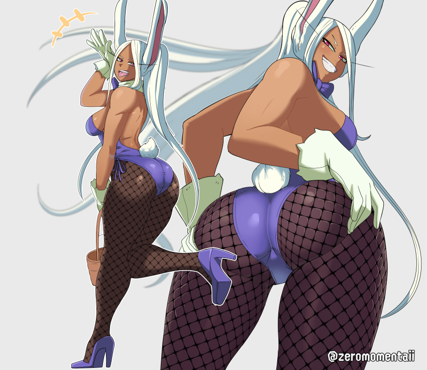 1girls absurdres animal_ears ass back bare_shoulders basket bow bowtie breasts clothing_cutout commentary dark-skinned_female dark_skin detached_collar easter english_commentary female fishnet_pantyhose fishnets from_behind full_body gloves grin hand_up hands_on_own_ass high_heels highleg highleg_leotard highres holding holding_basket large_breasts leotard long_eyelashes long_hair looking_at_viewer miruko multiple_views my_hero_academia pantyhose parted_bangs ponytail purple_bow purple_bowtie purple_footwear purple_leotard rabbit_ears rabbit_girl rabbit_pose rabbit_tail red_eyes rumi_usagiyama sideboob smile standing standing_on_one_leg strapless strapless_leotard tail tail_through_clothes teeth thighs toned tongue tongue_out traditional_bowtie twitter_username very_long_hair white_gloves white_hair zeromomentai