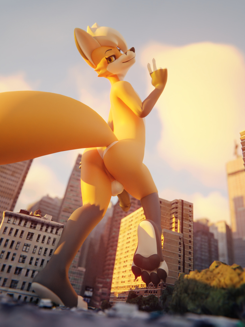 2022 3:4 3d_(artwork) 4_toes absurd_res anthro balls black_pawpads blender_(software) building canid canine city claws cloud digital_media_(artwork) feet fox genitals girly hi_res logan_grey looking_back male_only mammal midriff nude pawpads penis perspective_shot plantigrade rileyfoxxo sky skyscraper smile toe_claws toes underpaw