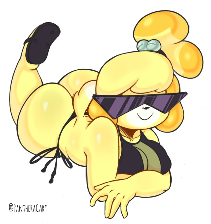 animal_crossing anthro ass big_ass big_breasts breasts bubble_butt canid canine canis cleavage clothing female fur furry furry_only hi_res huge_ass isabelle_(animal_crossing) lying nintendo panthera_cantus solo sunglasses tail