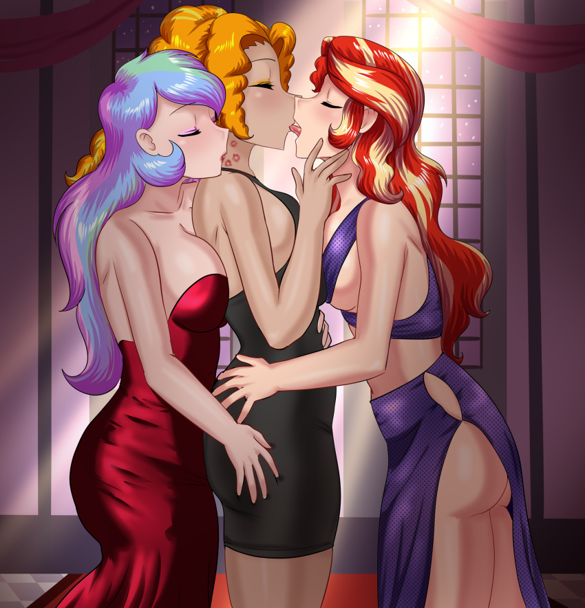 3girls adagio_dazzle age_difference big_breasts breasts cogbrony commission equestria_girls evening_gown female french_kissing friendship_is_magic hasbro hi_res highres kiss_mark kissing kissing little_black_dress minidress multiple_girls my_little_pony princess_celestia_(mlp) principal_celestia sunset_shimmer tongue tongue_kiss tongue_out yuri