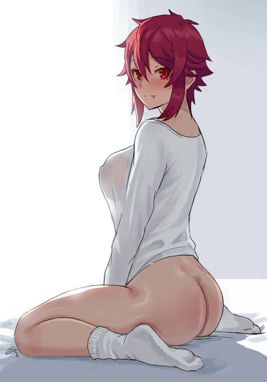 1girls absurd_res aizawa_tomo artist_signature ass ass_focus back_view baggy_clothing beauty_mark big_breasts blush blushing_at_viewer bottomless breasts bubble_butt cutesexyrobutts_(style) exposed_ass eyelashes female female_focus female_only fit fit_female hi_res high_resolution hourglass_figure large_breasts looking_at_viewer nearly_nude nipple_bulge nipples nipples_visible_through_clothing no_bra no_panties no_underwear partially_clothed red_eyes red_hair revealing_clothes see-through see-through_clothing shirt short_hair signature simple_background sitting sitting_on_bed smile smiling socks thick_thighs thighs thin_waist tomboy tomo-chan_wa_onna_no_ko vhfd watermark white_shirt wide_hips zefra_bleu