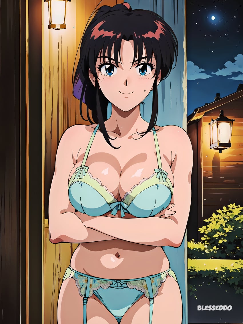 1girls ai_generated big_breasts black_hair blue_bra blue_eyes blue_panties bra breast_hold breasts brown_hair busty confident crossed_arms curvy female female_only garter_straps hair_ribbon human kaoru_kamiya large_breasts legs long_hair looking_at_viewer navel pale-skinned_female pale_skin panties ponytail pose posing rurouni_kenshin sensual shounen_jump smile stable_diffusion thighs voluptuous wide_hips