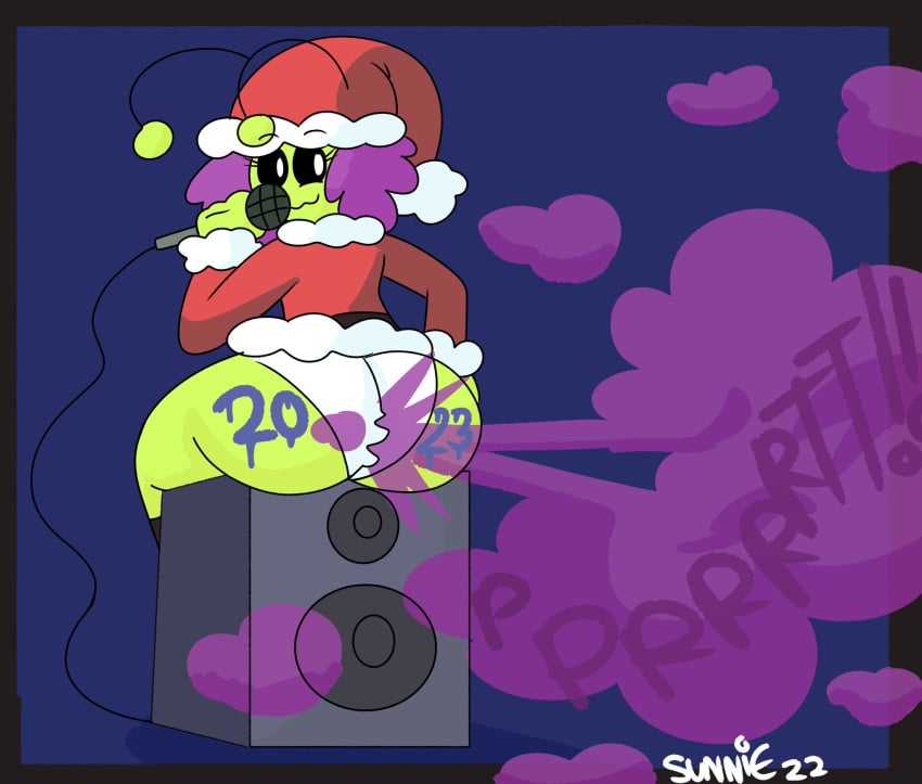 alien alien_girl ass brap brappycatty christmas christmas_clothing christmas_outfit enormous_butt fard fart fart_fetish farting farting_at_viewer farts fetish gassy looking_back microphone new_year new_year_2023 oc original_character painted_butt panties santa_costume santa_hat sitting sitting_on_speaker speaker sunniefunnie what yoshizilla