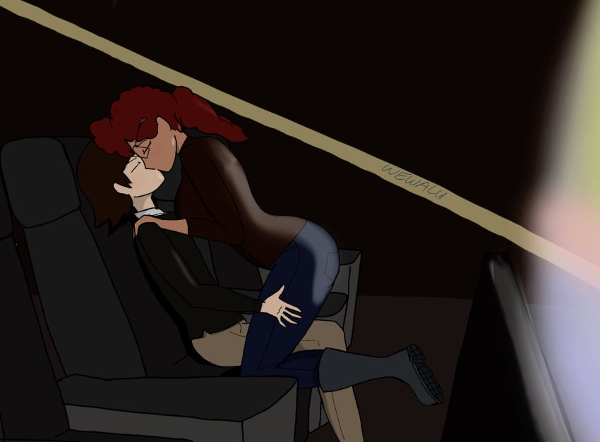 1boy1girl blush brown_hair cam_(character) cinema clothed dark-skinned_female eyes_closed fanart glasses kissing leaning_forward light-skinned_male love movie_theater on_top red_hair sitting theater wewalu zoey_(npczoey)