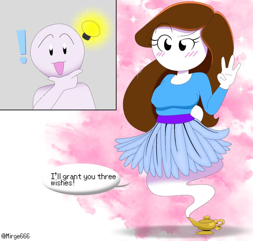 blush brown_hair comic eyelashes fully_clothed genie ghost_tail let_me_explain_studios long_hair mirge666 no_mouth rebecca_parham skirt tagme text white_skin youtube youtuber