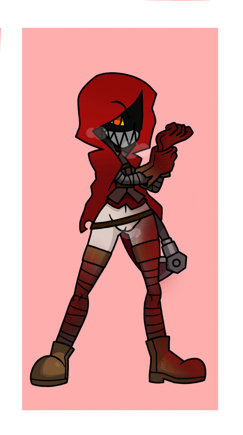 gloves lady_ironande light-skinned_female little_red_riding_hooded_mercenary lobotomy_corporation masked_female partially_clothed project_moon pussy red_eyes red_hoodie scythe sharp_teeth simple_background solo weapon