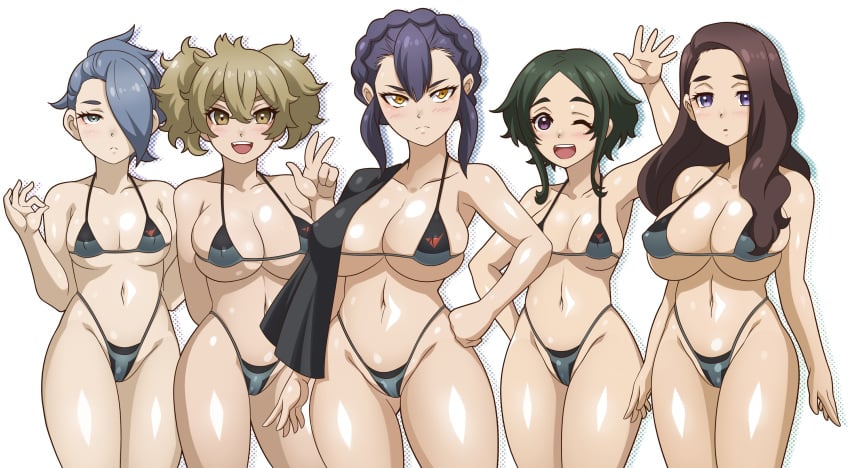 5girls armpits big_breasts bikini blue_eyes blue_hair breasts brown_hair busty cameltoe child_bearing_hips cleavage female female_only gluteal_fold green_hair gundam gundam_suisei_no_majo hand_on_hip henao_jazz ireesha_plano large_breasts looking_at_viewer maisie_may medium_breasts multiple_girls navel one_eye_closed pose posing purple_eyes renee_costa sabina_fardin sensual short_hair smile swimsuit thong_bikini twintails v voluptuous wink yellow_eyes