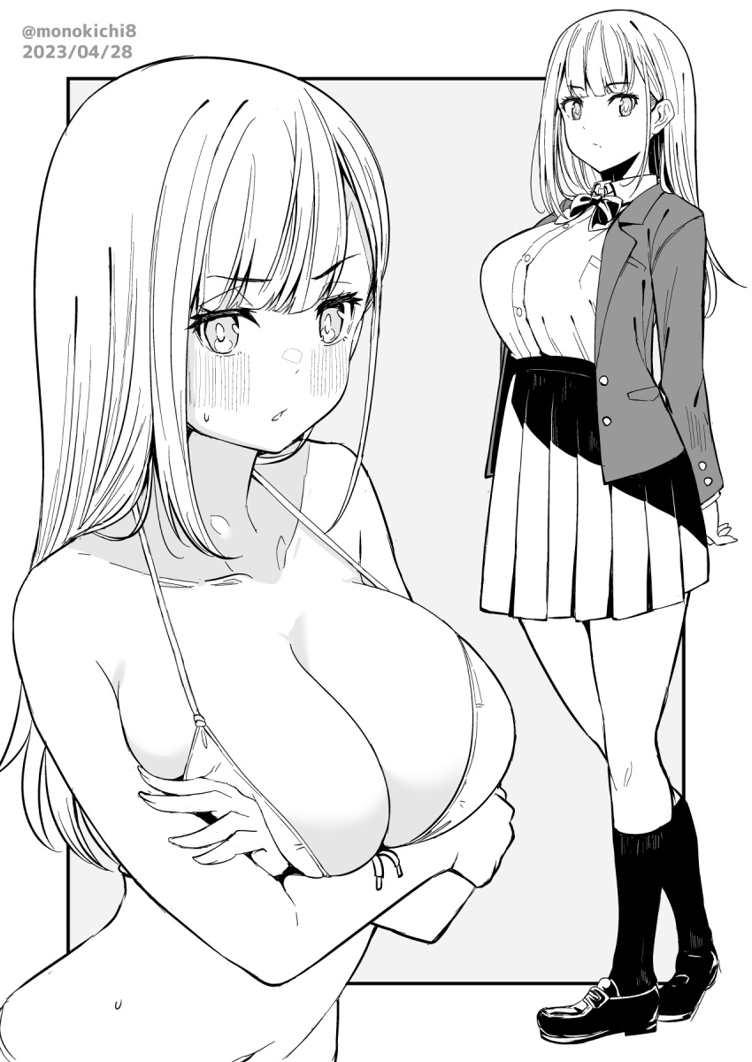 1girls big_breasts blush bra breasts busty collarbone commentary_request dated female female_only full_body grey_background greyscale highres kichihachi large_breasts loafers long_hair looking_at_viewer monochrome multiple_views navel original pleated_skirt school_uniform shoes skirt socks standing sweat two-tone_background underwear white_background