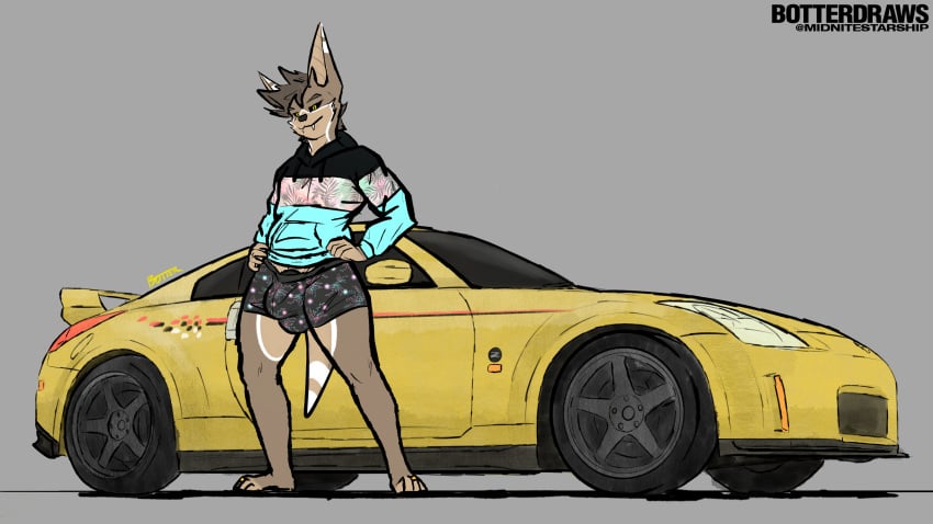 absurd_res anthro bat big_bulge big_ears black_sclera botter botter_dork boxers_(clothing) brown_hair bulge car clothing digit_ring digital_media_(artwork) fangs genital_outline hair hi_res hoodie hybrid jewelry looking_at_viewer male mammal mustelid nissan nissan_350z otter penis_outline pose ring ring_piercing rio_(botter_dork) simple_background smile smirk solo teeth toe_ring topwear underwear vehicle