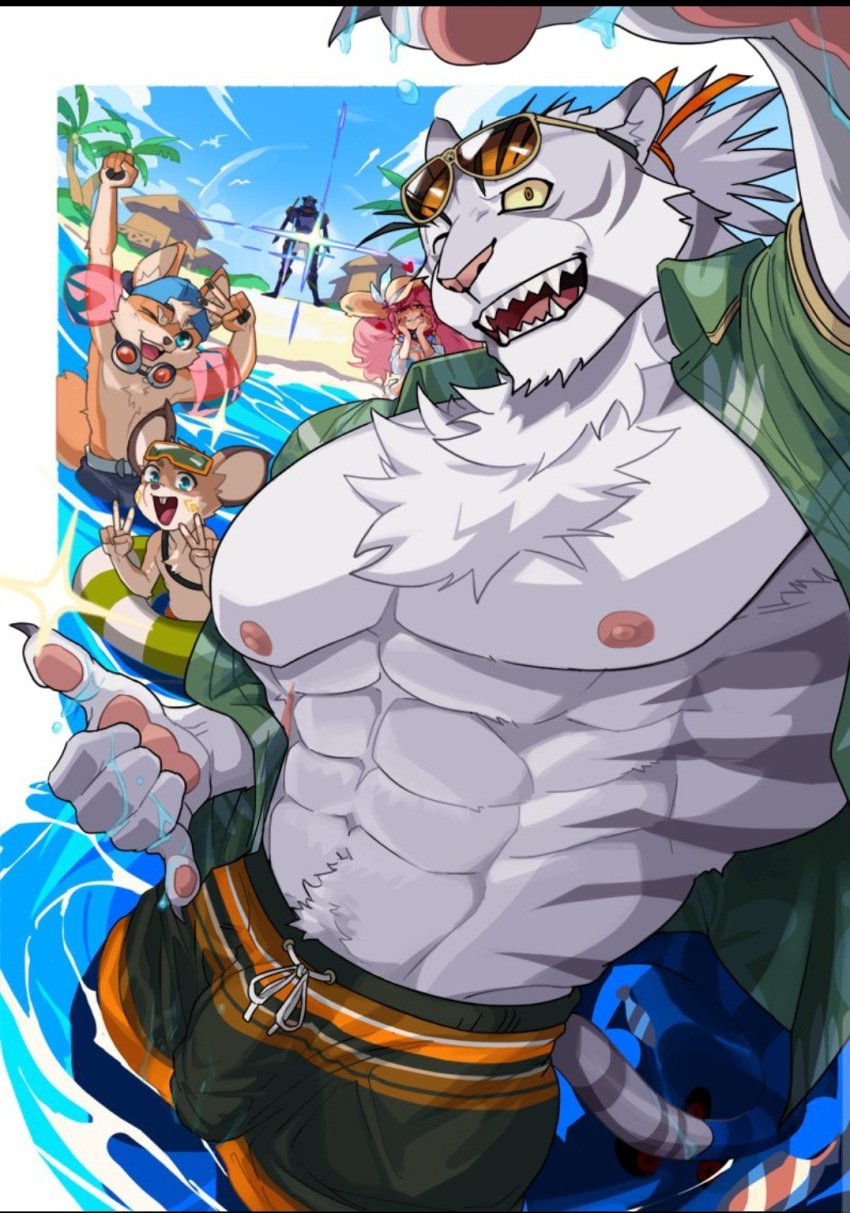 abs absol_(dkqthf) abusorun animals anthro bara beach biceps big_cat big_cat_ears big_cat_humanoid big_cat_tail bodybuilder broad_shoulders bulge citail clawed_fingers cygames daddy dilf furry furry_male humanoid humanoid_hands kemono male_only manly mature_male mouse muscular muscular_anthro muscular_male nimbus_(world_flipper) nipples ocean older_male open_shirt pecs pervert scars shaka shiro_(world_flipper) silver_hair smiling smooth_skin summer sunglasses sunglasses_on_head swimming_trunks thick_legs thick_neck thick_thighs tiger tiger_boy tiger_ears tiger_humanoid tiger_man tiger_tail uncle veiny_muscles white_fur world_flipper zaddy zoophilia