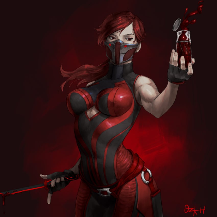 1girls 2d alternate_costume big_breasts blood bodysuit breasts clothed female female_only fingerless_gloves fully_clothed gloves holding_object knife long_hair mask masked masked_female mortal_kombat mortal_kombat_11 netherrealm_studios ninja ozkh ozkh6 pinup ponytail pose red_background red_clothing red_eyes red_hair simple_background skarlet skarlet_(mk11) skin_tight skintight solo solo_female solo_focus tentacle thighhighs weapon