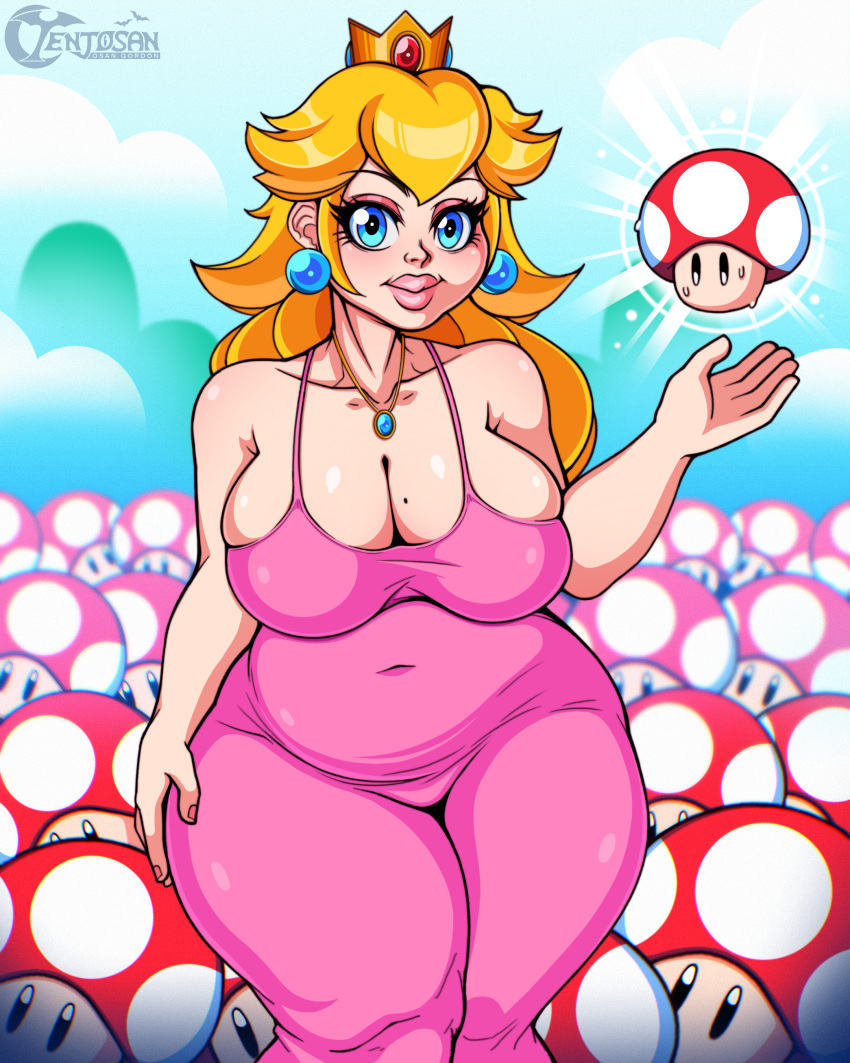 1girls beauty_mark big_breasts big_eyes big_lips blonde blonde_female blonde_hair blue_eyes breasts busty chubby chubby_female clothing dress female female_only huge_breasts lips mario_(series) milf mole_on_breast mushroom nintendo outdoors plump princess_peach royalty solo super_mario_bros. super_mushroom tenjosan thick_thighs tummy