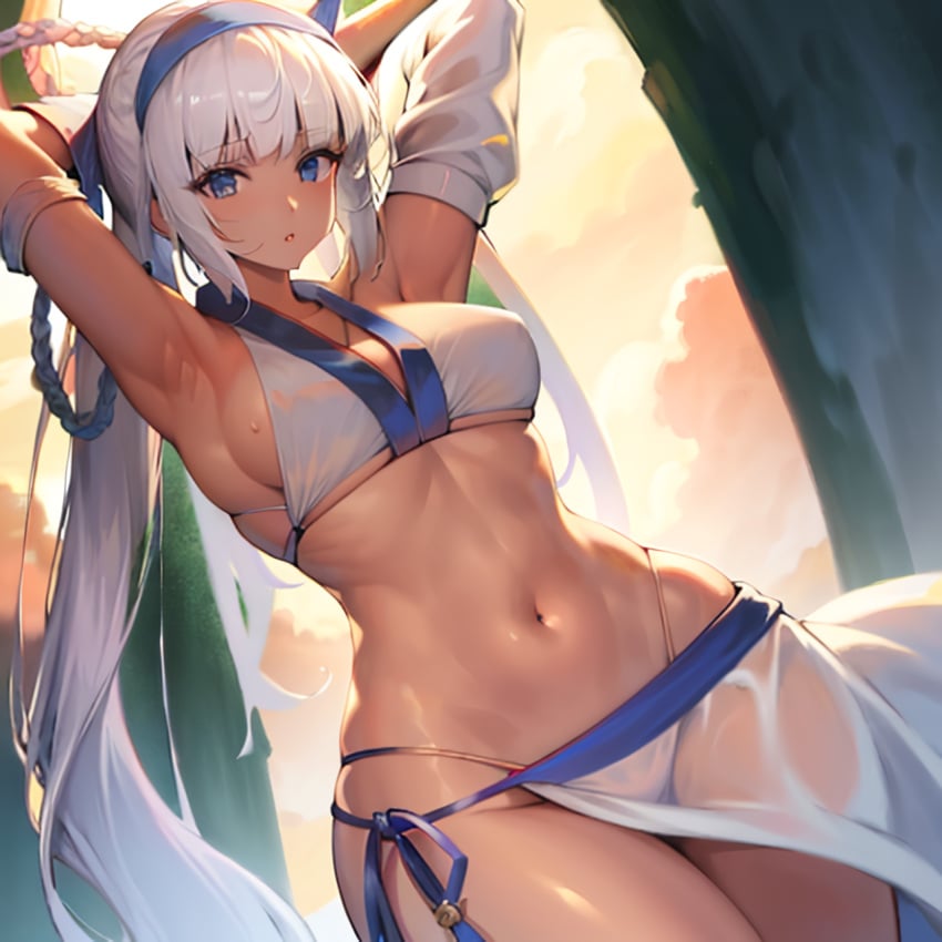 1girls ai_generated armpits arms_behind_head big_breasts bikini blue_eyes busty child_bearing_hips cleavage female female_only grey_hair hair_ribbon large_breasts legs long_hair looking_at_viewer majikina_mina navel ponytail pose posing samurai_shodown sarong sensual sexy_armpits snk solo thick_thighs thighs thong_bikini voluptuous