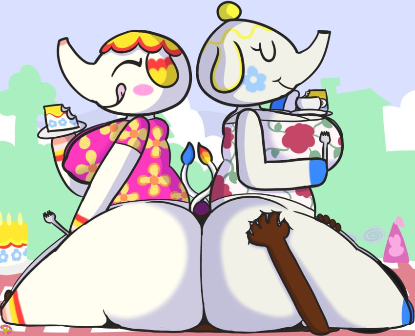 animal_crossing big_ass double_buttjob female half-dressed hot_dogging klutzatdusk margie_(animal_crossing) public sitting_on_person size_difference tia_(animal_crossing)