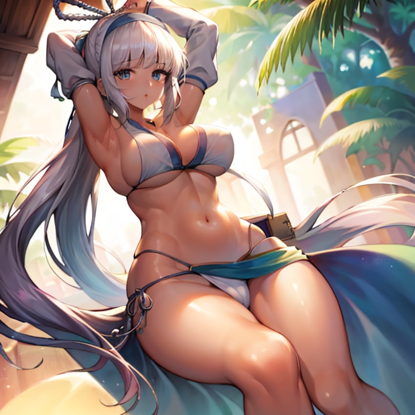 1girls ai_generated armpits arms_behind_head big_breasts bikini blue_eyes busty child_bearing_hips cleavage female female_only grey_hair hair_ribbon large_breasts legs long_hair looking_at_viewer majikina_mina navel ponytail pose posing samurai_shodown sarong sensual sexy_armpits snk solo thick_thighs thighs thong_bikini voluptuous