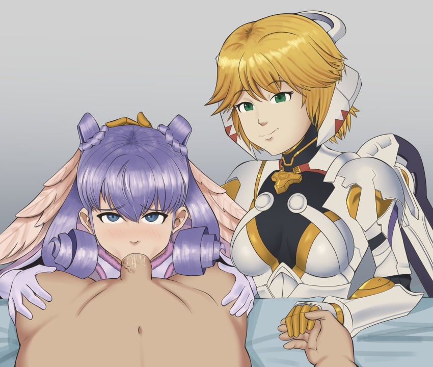 blonde_hair blowjob blue_eyes blush cyborg ear fellatio female fiora_(xenoblade) fully_clothed gloves green_eyes grey_hair hair hair_curl hand_on_another's_head hand_on_head hands_on_another's_hips head_wings holding_hands lavender_hair light-skinned_female light_skin looking_at_viewer male male_pov melia_antiqua mff mff_threesome monke_brush mostly_clothed nintendo pov pov_eye_contact pushing pushing_down robot robot_girl robot_joints saliva saliva_on_penis short_hair silver_hair simple_background smile smiling smiling_at_viewer spit threesome white_armor white_clothing wings xenoblade_(series) xenoblade_chronicles