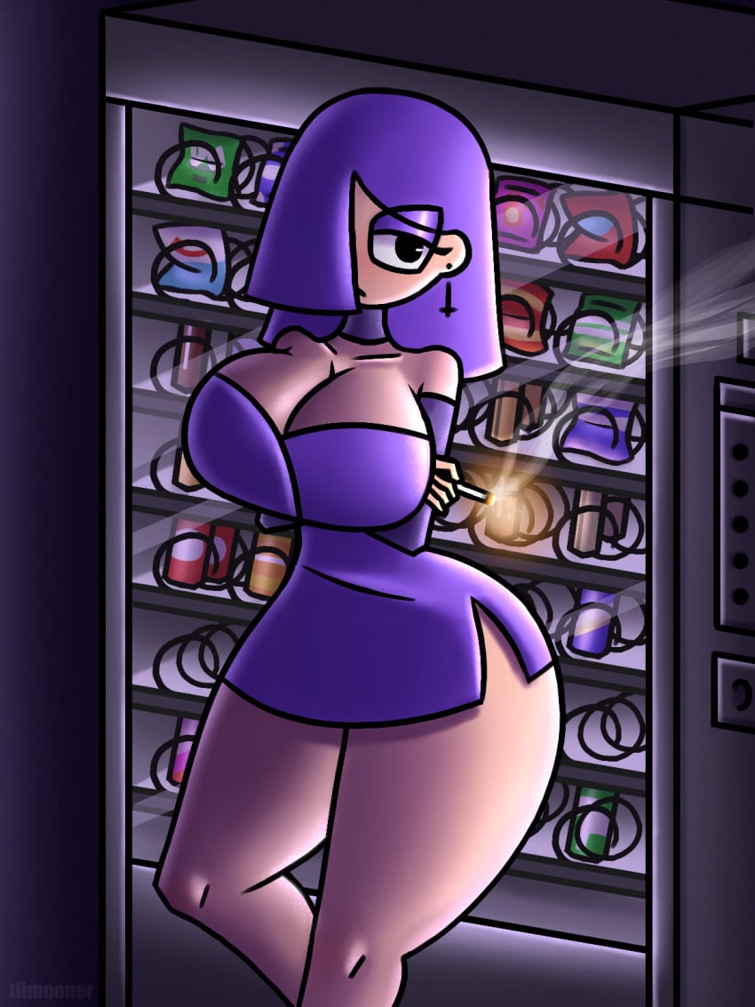 1girls cross_earrings curvy dress duolingo emo emo_girl hair_over_one_eye huge_ass huge_breasts leaning_back lily_(duolingo) looking_away night purple_dress purple_hair smoking tiimooner vending_machine