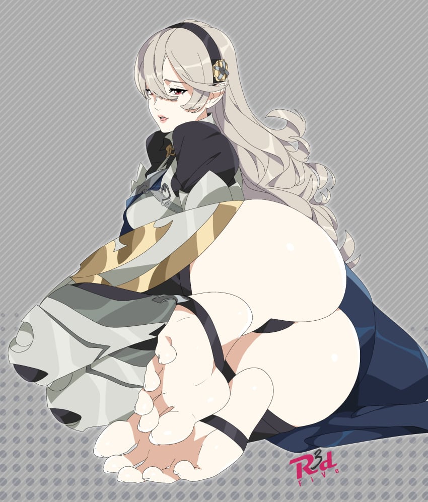 1girls armor armored_dress ass bare_thighs barefoot big_ass black_panties corrin_(fire_emblem) corrin_(fire_emblem)_(female) feet fire_emblem fire_emblem_fates foot_focus grey_hair long_hair looking_at_viewer nintendo pointy_ears r3dfive stirrup_legwear thighs toeless_legwear toenails toes underwear