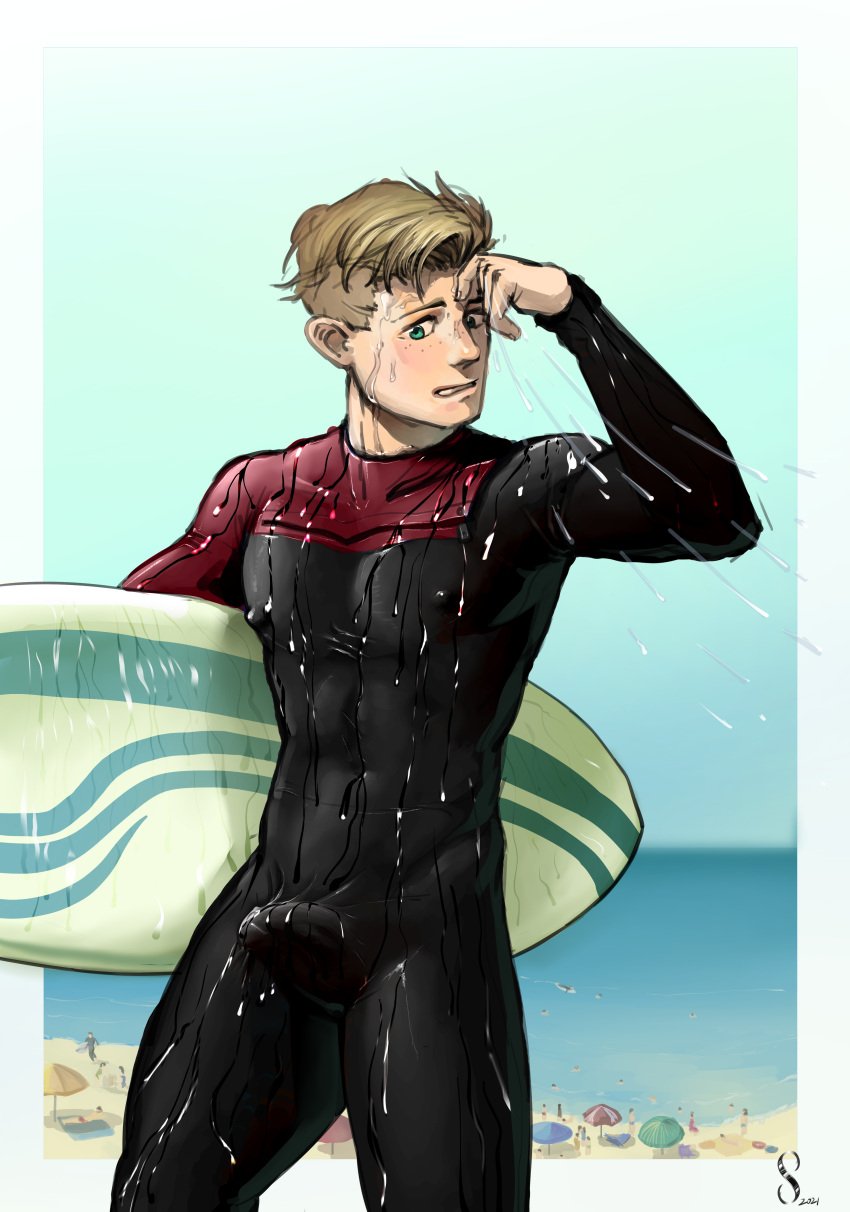 beach boy bulge male surfboard wet wetsuit