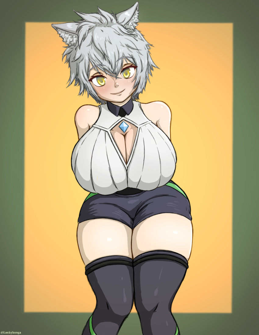 1girls arms_behind_back ass bare_shoulders black_shorts blush breasts cat_ears catgirl cleavage cleavage_cutout cleavage_window color core_crystal female fully_clothed golden_eyes green_border grey_hair huge_breasts lankykonga large_ass large_breasts leaning_forward legs light_skin looking_at_viewer messy messy_hair na'el_(xenoblade) ribbed_sweater short_hair shorts shoulders simple_background simple_shading smile smiling smiling_at_viewer solo thick_thighs thighhighs thighs white_hair white_shirt xenoblade_(series) xenoblade_chronicles_3 xenoblade_chronicles_3:_future_redeemed yellow_background yellow_eyes