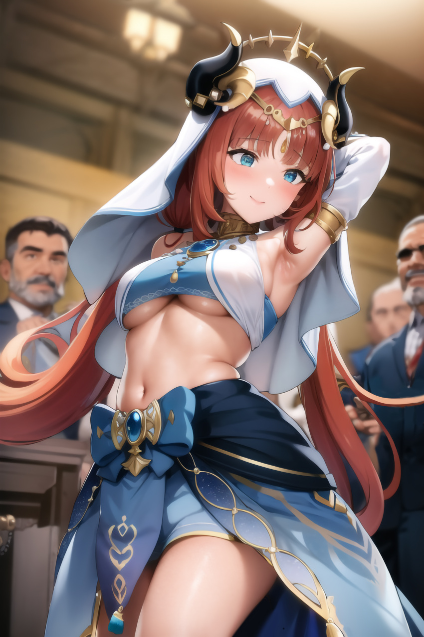 1girls ai_generated armpits arms_up belly_dancer belly_dancer_outfit blue_eyes blush breasts dancer dancing female_focus genshin_impact harem_outfit midriff mommy multiple_boys nai_diffusion nilou_(genshin_impact) red_hair skirt smile stable_diffusion underboob