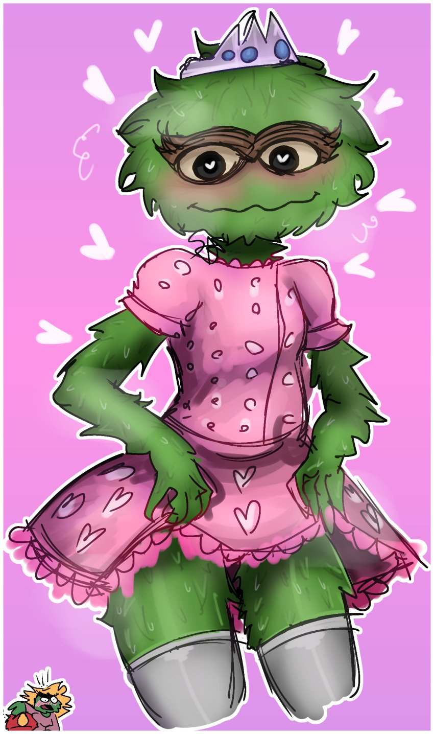 1girls 2023 2boys bad_anatomy black_eyes blush blushing chubby chubby_male crown dress dress_lift elmo eyebrows femboy furry girly green_fur grundgetta heart heart-shaped_pupils jembbrowm large_filesize looking_at_viewer old_man older_male oscar_the_grouch pink_background pink_dress princess seductive seductive_smile sesame_street shitpost sweat sweaty sweaty_body thick_thighs thighhighs