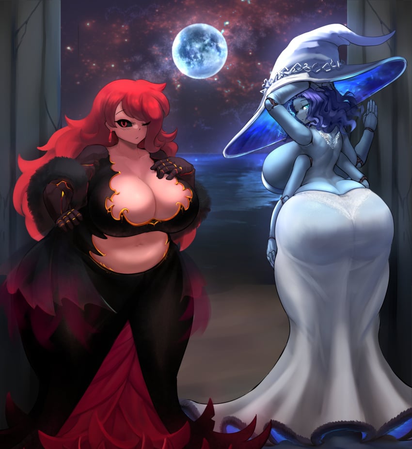 ass ass_in_dress big_ass black_sclera blue_moon breasts chubby cleavage dress elden_ring gipehtyboon huge_ass huge_breasts huge_butt plump ranni_the_witch scarlet_(ghornyb) sideboob tight_dress yboon