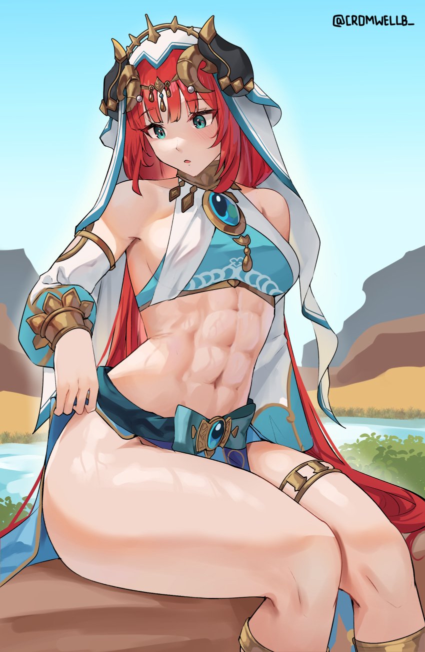 abs absurdres bare_shoulders blue_skirt blue_sky breasts brooch circlet cromwellb crop_top detached_sleeves fake_horns feet_out_of_frame female genshin_impact green_eyes highres horns jewelry long_hair long_sleeves medium_breasts midriff muscular muscular_female navel nilou_(genshin_impact) outdoors parted_lips red_hair sitting skirt sky solo stomach thick_thighs thighlet thighs veil very_long_hair white_headwear white_veil