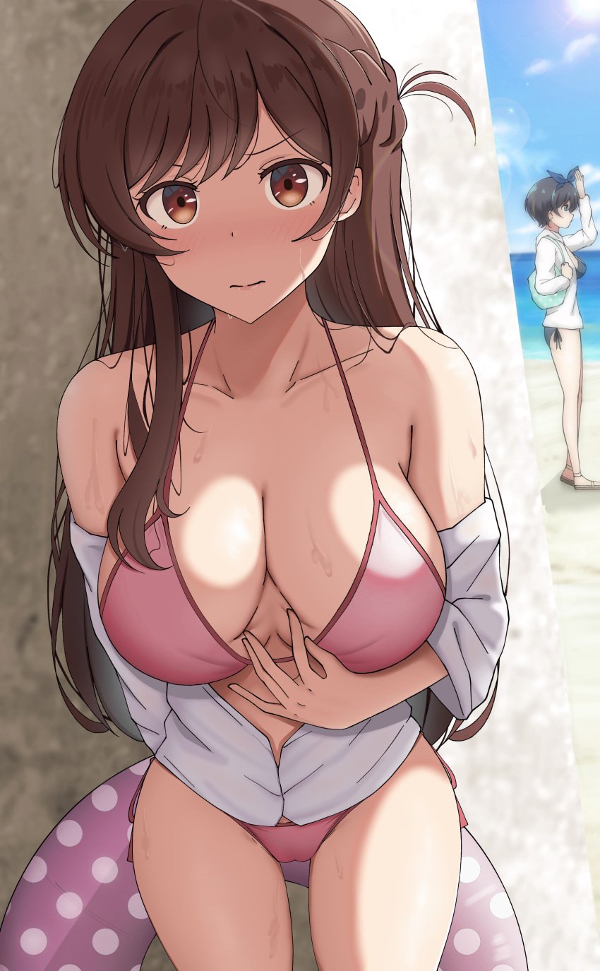 2girls beach bikini breasts brown_eyes brown_hair busty cleavage female hiding kanojo_okarishimasu large_breasts looking_at_viewer mizuhara_chizuru paizuri_invitation paizuri_lead_by_female poa_mellhen pov presenting_breasts sarashina_ruka spreading