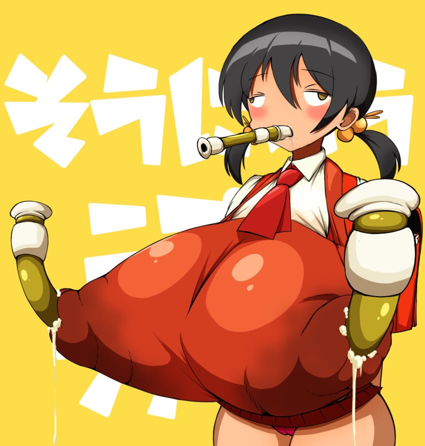 1girls aged_up black_hair breasts cameltoe covered_nipples cum dumb_face female flute gigantic_breasts hair_bobbles instrument kaai_yuki kyoufuu_all_back_(vocaloid) mob_face musical_instrument nipple_fucking nipple_penetration panties recorder_(musical_instrument) twintails vocaloid what yellow_background yellow_eyes