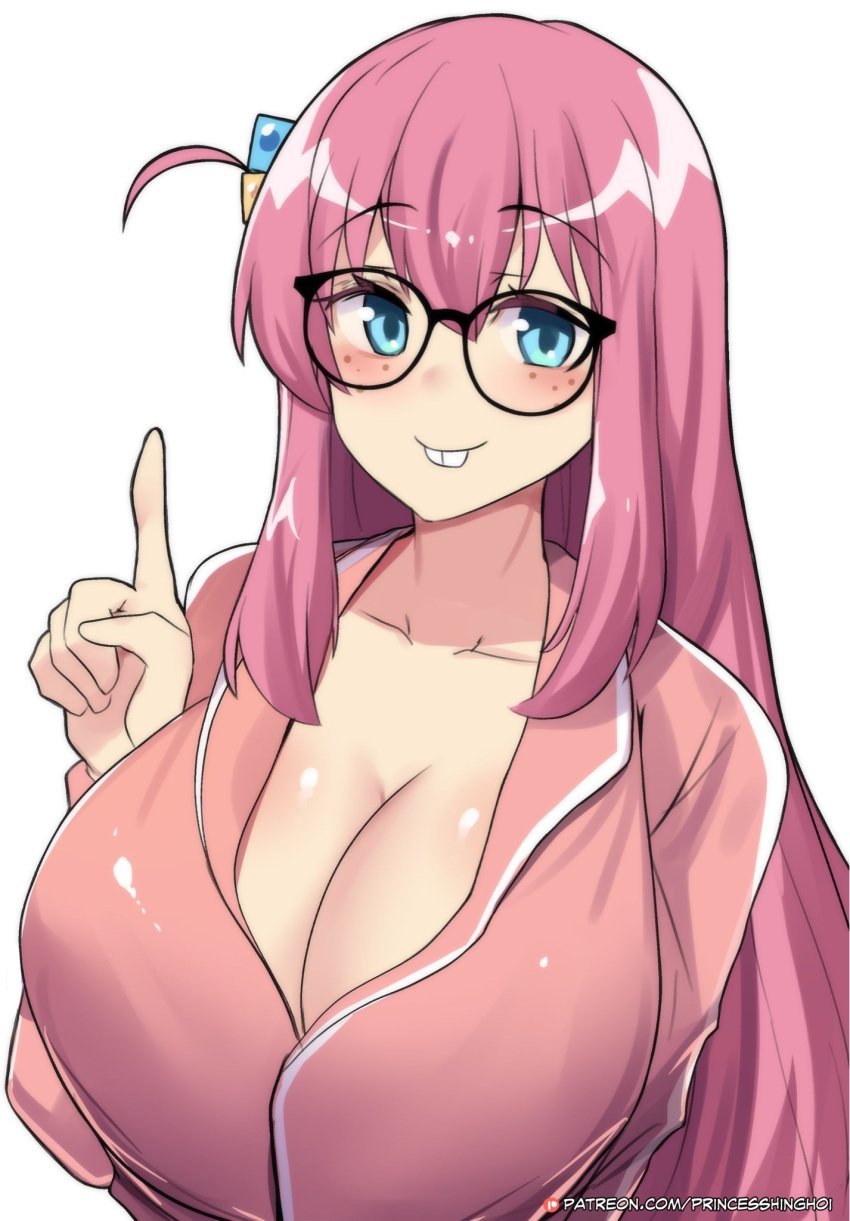 1girls aqua_eyes bespectacled bocchi_the_rock! breasts buck_teeth cleavage collarbone cube_hair_ornament female freckles glasses gotou_hitori hair_between_eyes hair_ornament highres hinghoi index_finger_raised large_breasts long_hair long_sleeves looking_at_viewer nerd_emoji one_side_up pajamas patreon_logo patreon_username pink_hair pink_pajamas sidelocks simple_background smile solo teeth white_background