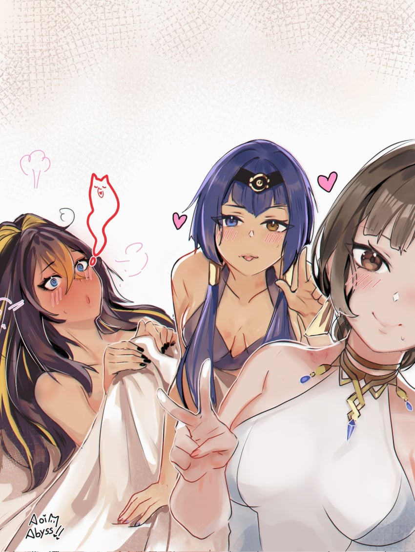 3girls after_sex aoiabyss bed bed_sheet black_hair blue_eyes blue_hair breasts brown_eyes brown_hair candace_(genshin_impact) dark-skinned_female dark_skin dehya_(genshin_impact) dunyarzad_(genshin_impact) female female_only genshin_impact heterochromia light-skinned_female looking_at_viewer npc selfie smile yuri